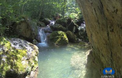 Cascade, vasque, mousse et rochers.